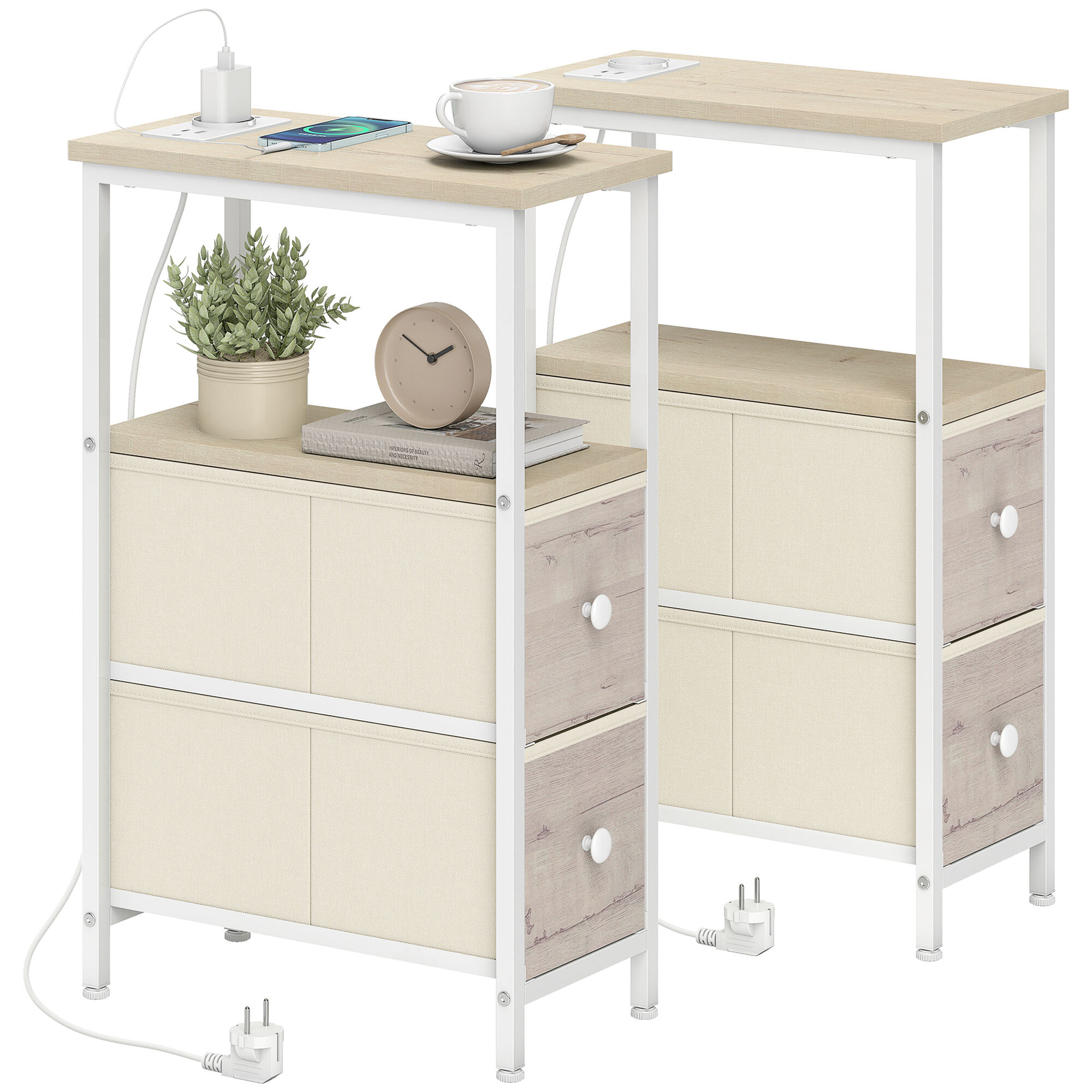 Juego de 2 Mesas Auxiliares con Enchufe, Mesitas Auxiliares Estrechas con Toma AC, Puerto USB, Puerto USB-C, 2 Cajones de Tela, Estante Abierto, para Salón, Dormitorio, Natural