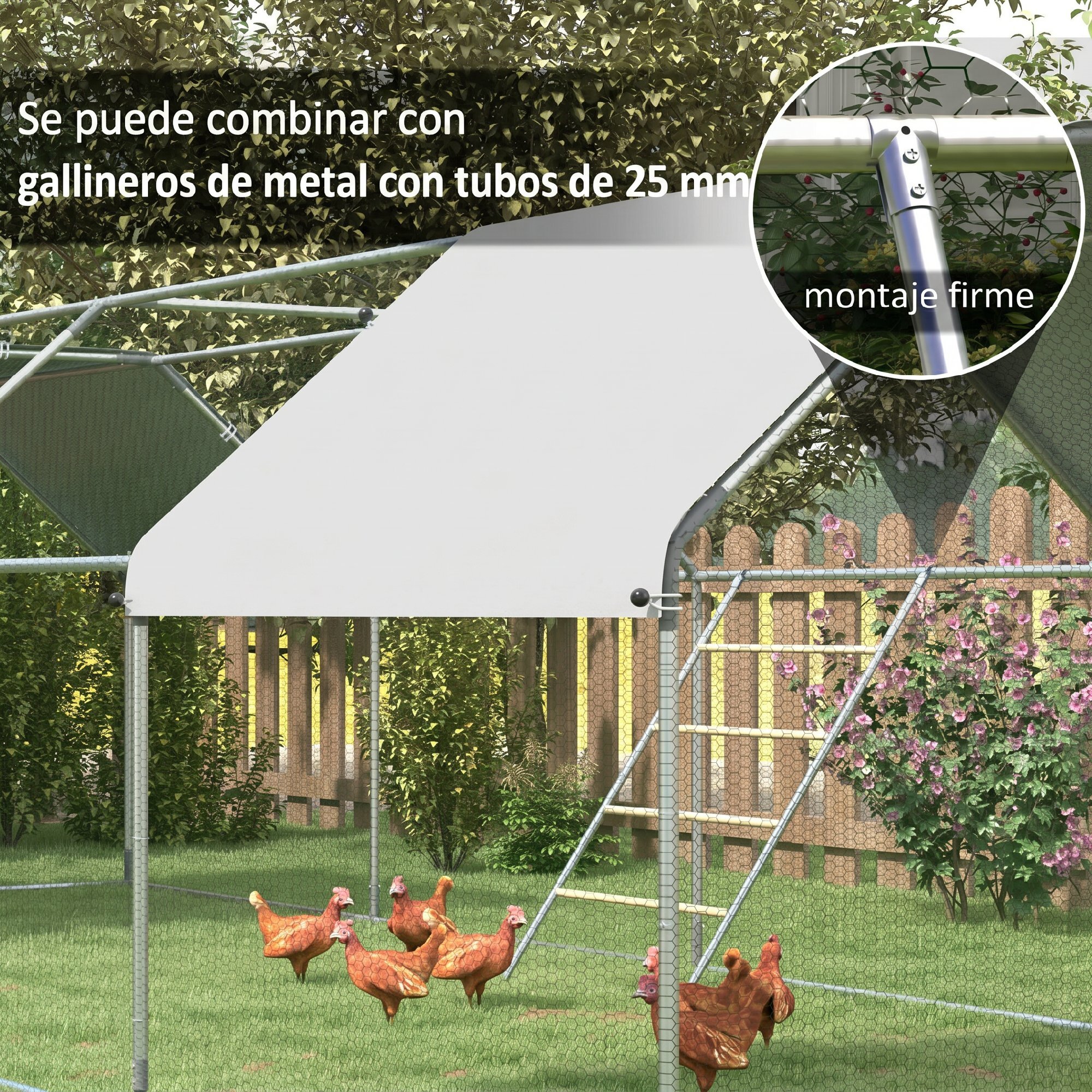 Percha para Gallinas de 4 Niveles, Escalera de Madera y Acero Galvanizado para 4-6 Gallinas, 140x86 cm, para Gallineros de Tubos Metálicos de 25 mm, Natural