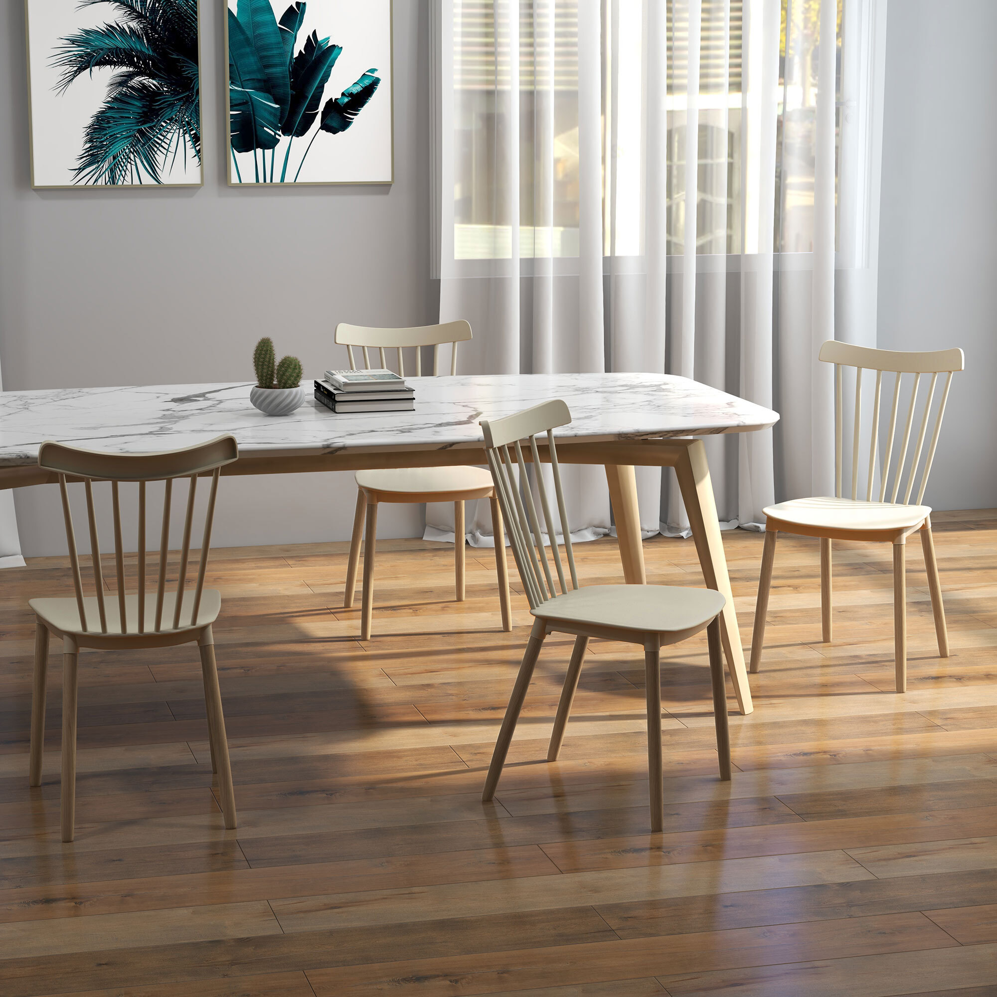 Juego de 4 Sillas de Comedor Estilo Nórdico Sillas de Cocina con Respaldo Alto Asiento de Polipropileno y Patas de Madera de Haya Carga 120 kg 48x52,5x83 cm Natural