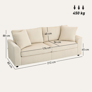 Canapé 3 places velours côtelé avec 2 coussins - canapé droit fixe 3 places beige clair