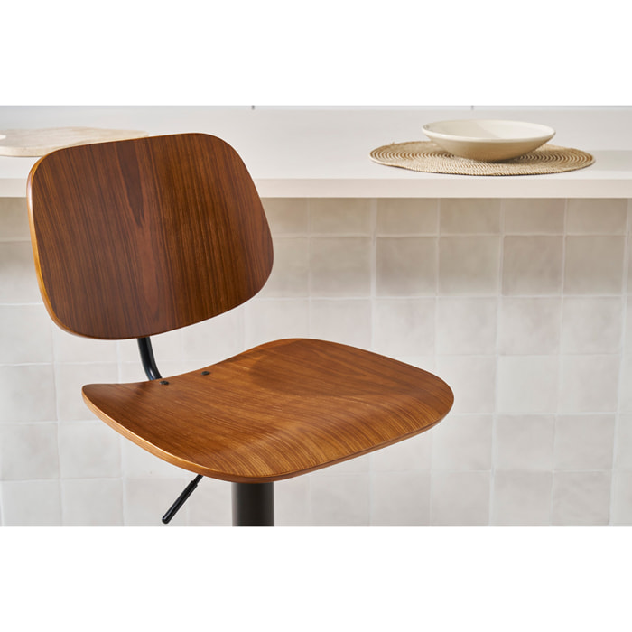 Tabouret de bar relevable noyer et métal noir TOBIAS