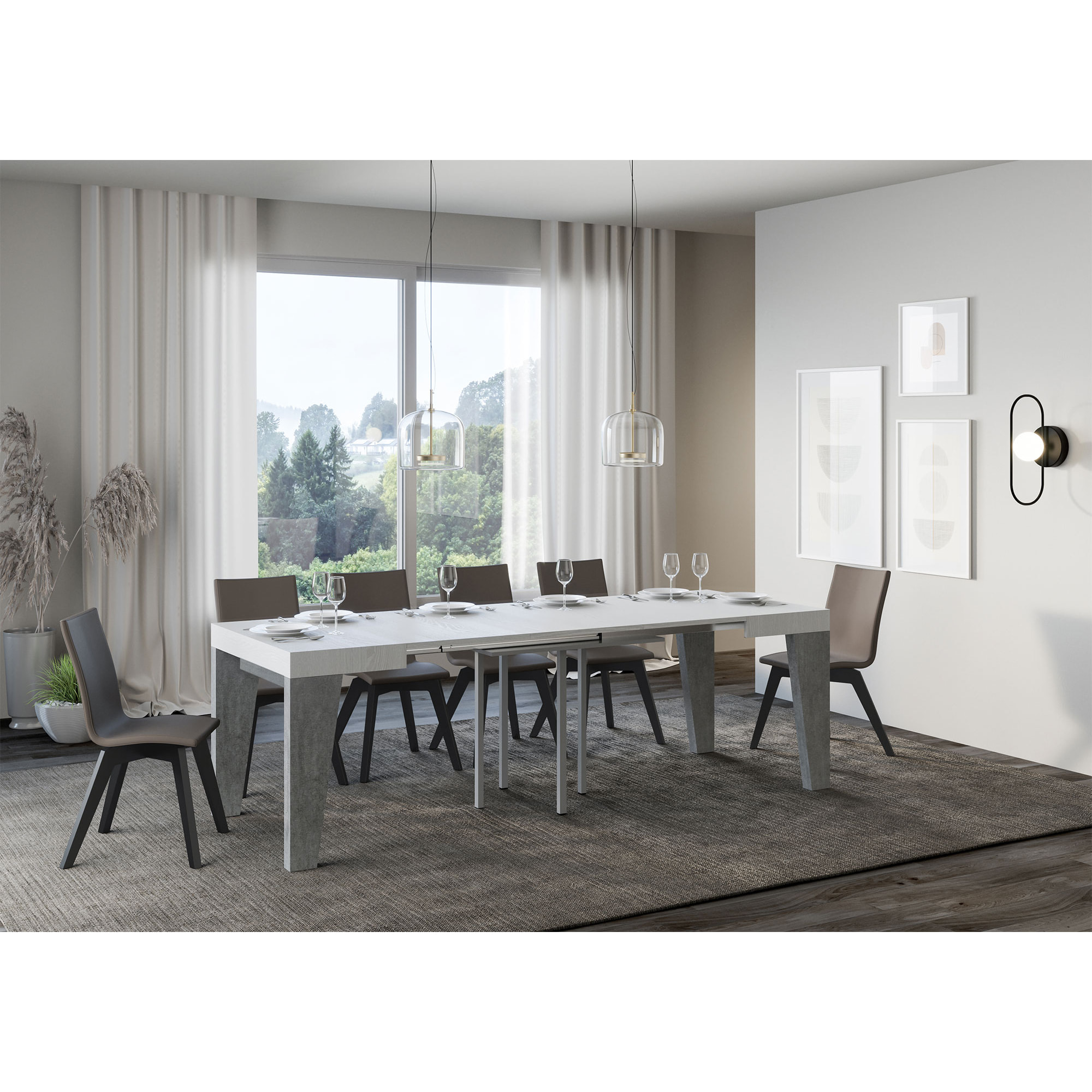 Mesa extensible 90x90/246 cm Naxy Mix tapa Fresno Blanco patas Cemento