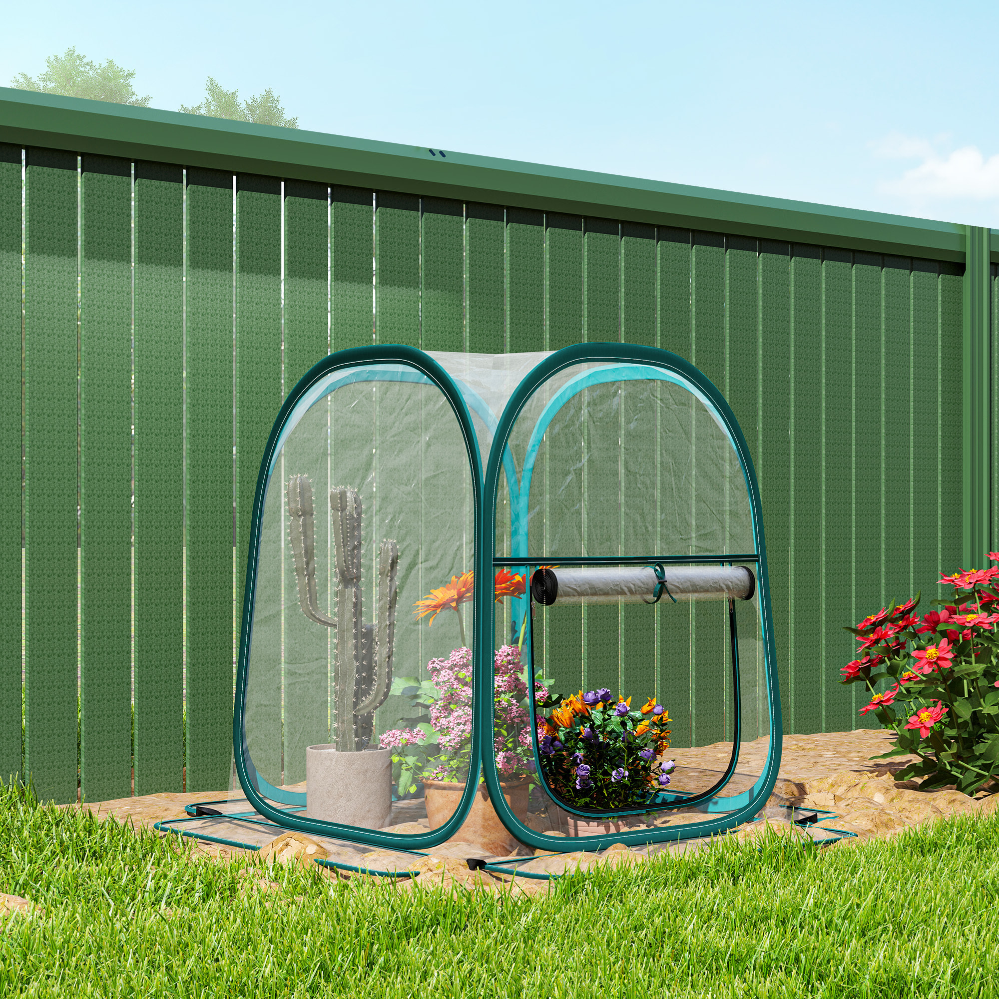 Mini Invernadero Plegable Pop-up, Invernadero Exterior Transparente con Puerta Enrollable y Cubierta de Plástico, Contraviento, para Cultivar Plantas, Flores, 70x70x80 cm, Transparente