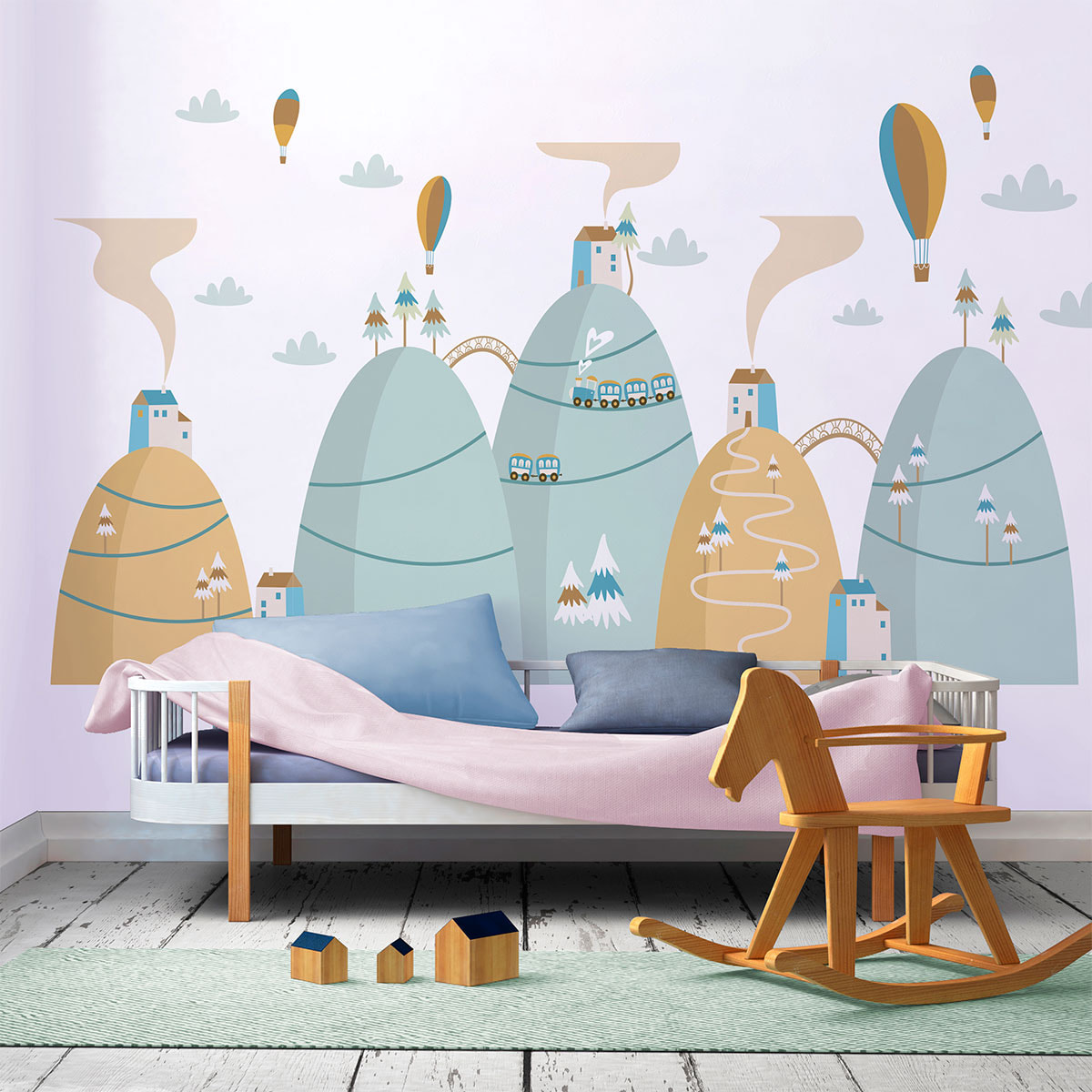 Stickers muraux enfants - Décoration chambre bébé - Autocollant Sticker mural géant enfant montagnes scandinaves MONTGOLFIÈRES BALLONS DU CIEL