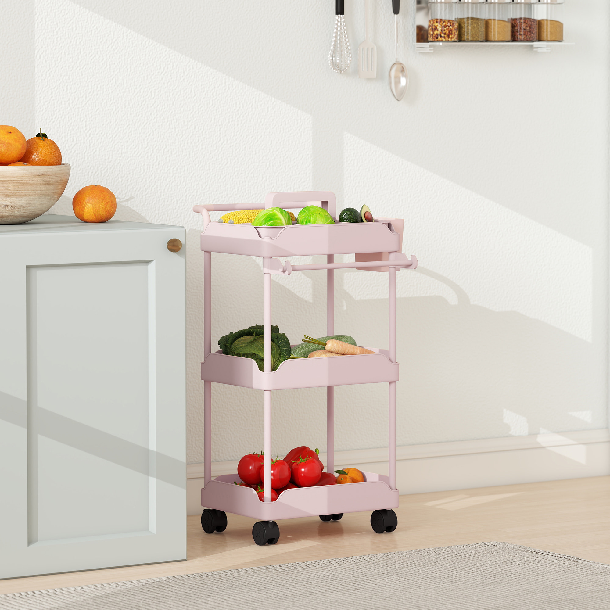 Carrito Auxiliar con Ruedas de 3 Niveles, Carrito de Cocina con Cestas Extraíbles, Ruedas con Freno, Soporte para Toallas y Marco de Metal, Carro de Servicio para Comedor, Salón, Baño, Rosa