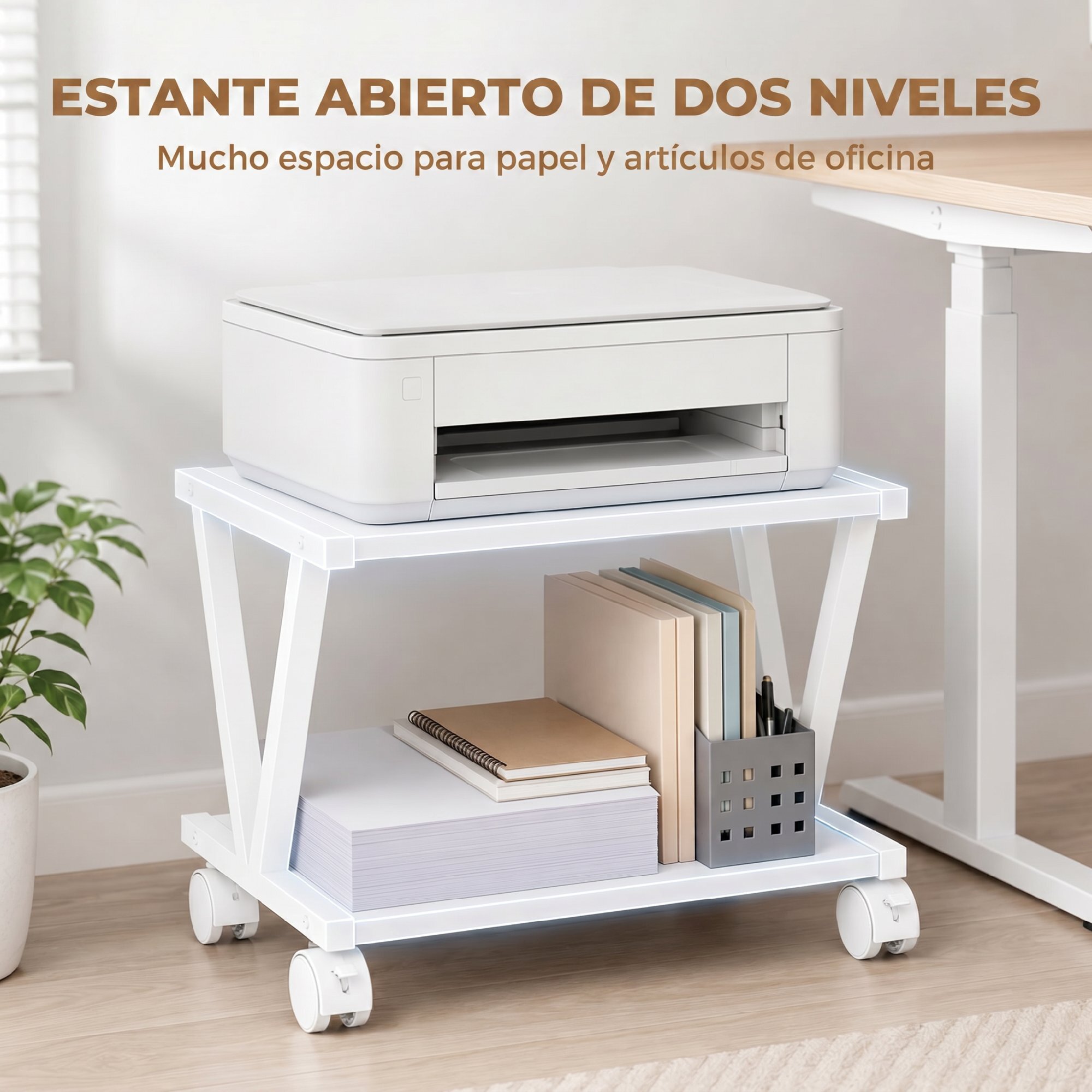 Soporte para Impresora de 2 Niveles con Ruedas Bloqueables, Mueble para Impresora con Marco Metálico en V, Estante Multiusos Bajo Escritorio para Oficina, Casa, Blanco