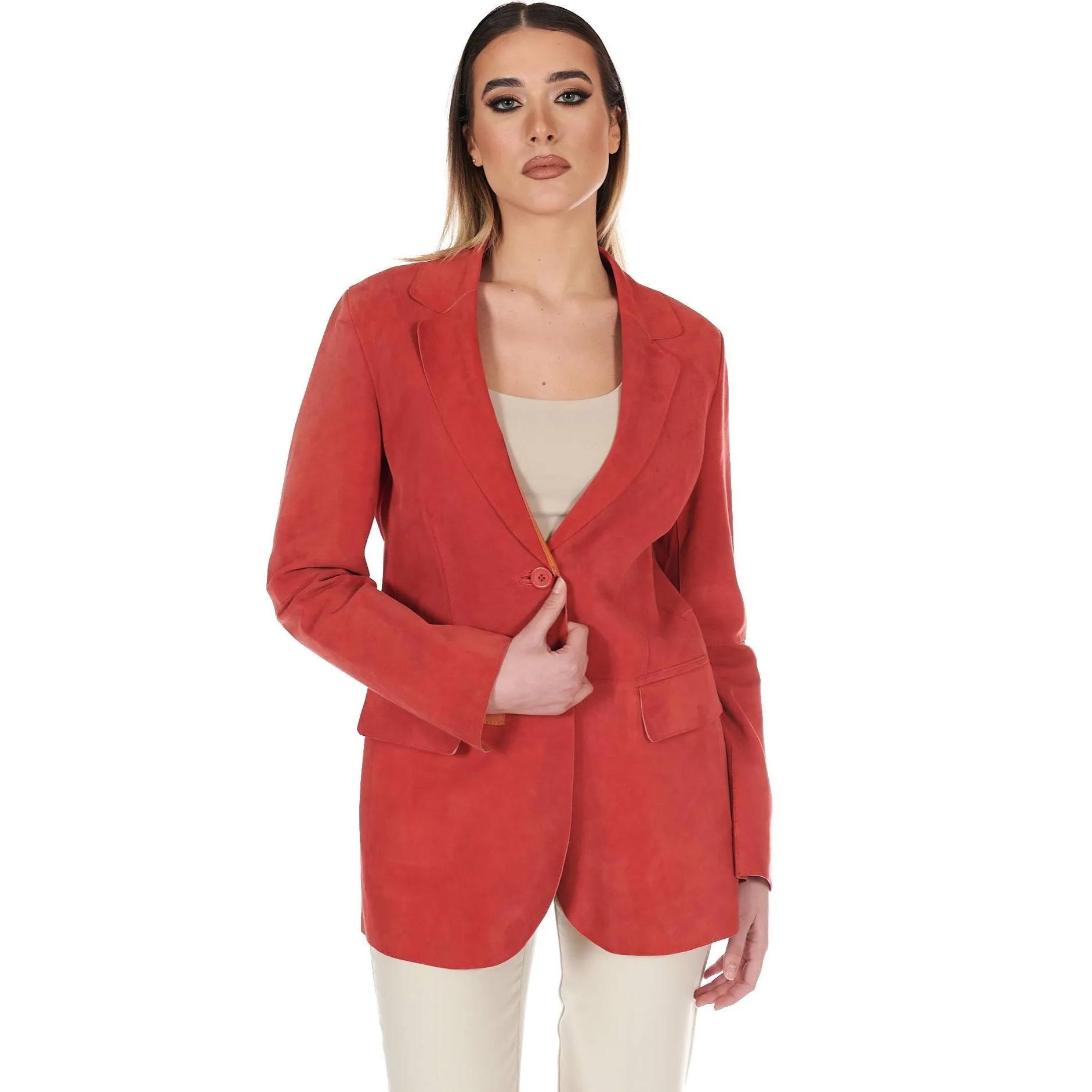 Giacca blazer in pelle scamosciata colore corallo