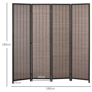 Paravent intérieur séparateur de pièce pliable 4 panneaux dim. 180L x 180H cm bois pin bambou coton marron