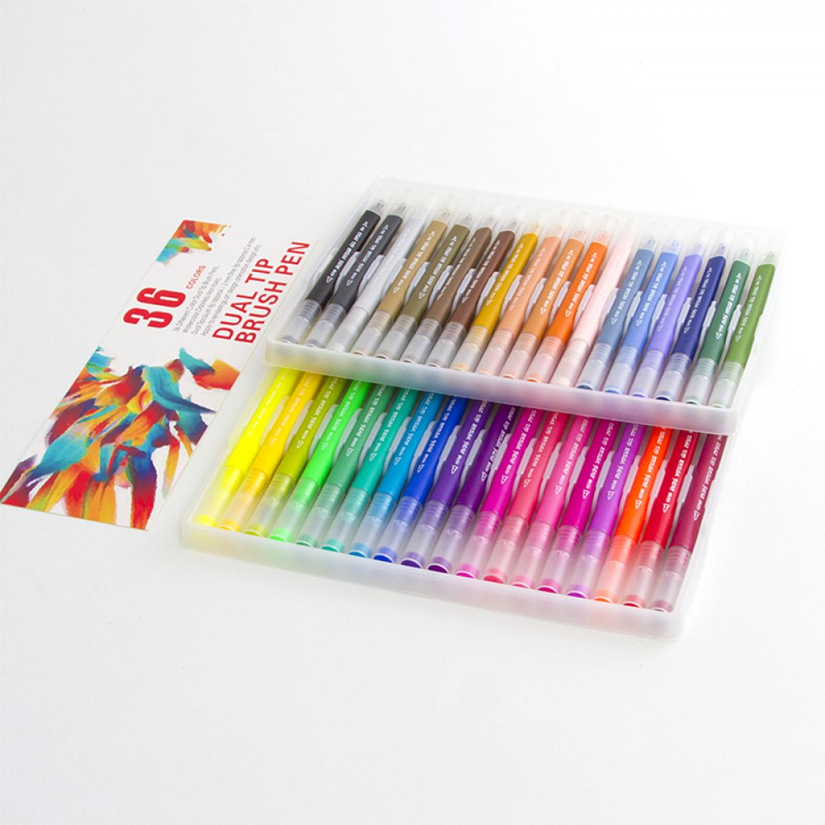 Set 36 Rotuladores color doble punta, punta fina 0,4 mms y punta pincel acuarelable profesional. Forma triángular ergonómica para lettering, caligrafía, ilustraciones…