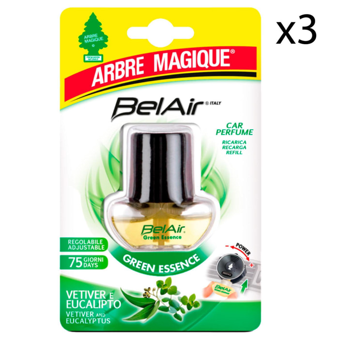 3x Arbre Magique BelAir Green Essence Ricarica per Profumatore per Auto Fragranza Vetiver ed Eucalipto