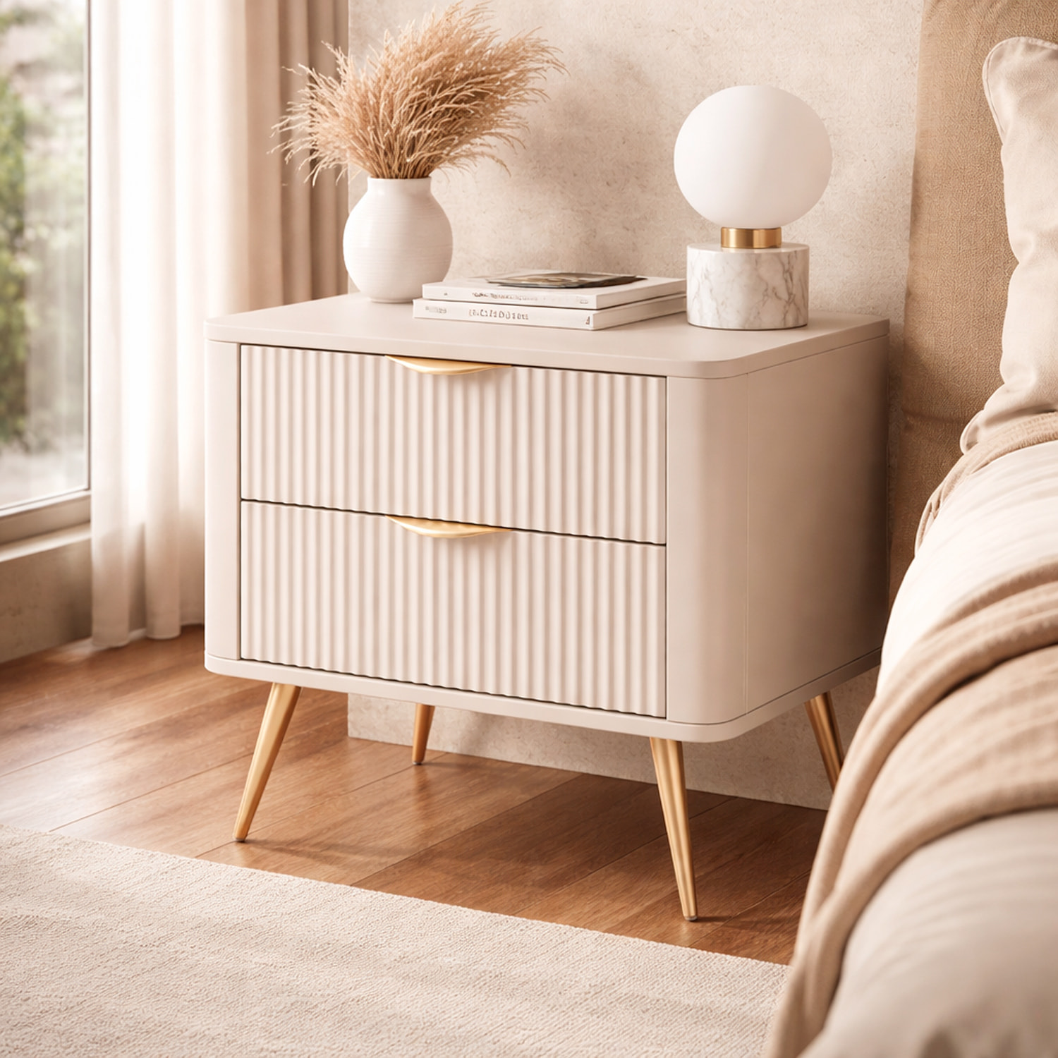 Comodino Moderno Con 2 Cassetti Con Piedini Alti Zona Notte 63,2 x 38 x 55,3 cm Beige