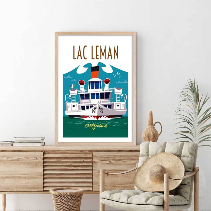 Poster de le lac leman Affiche + cadre en bois - Chêne