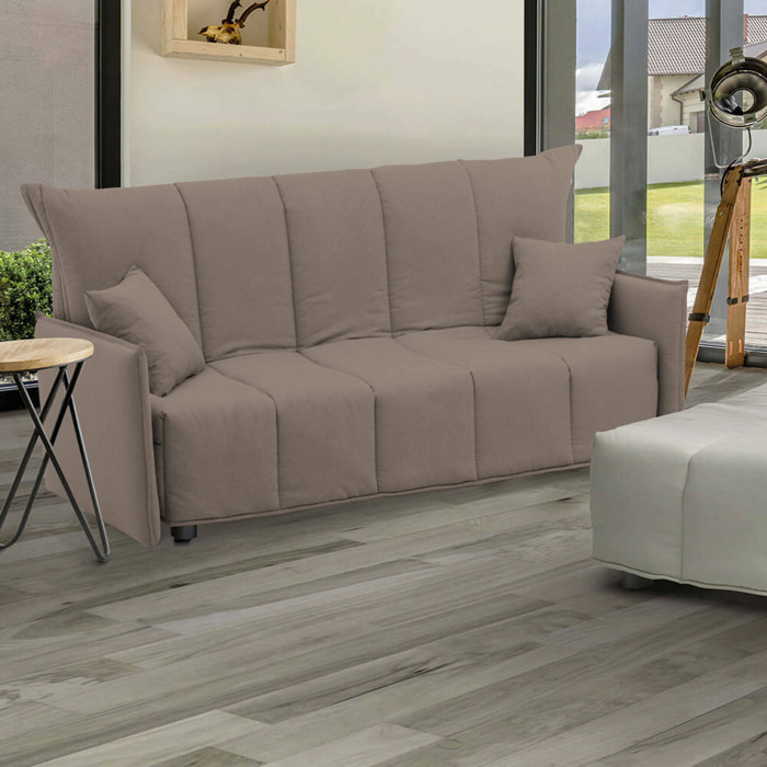 Divano letto 2 posti Alaric, Sofà con apertura a carrello in tessuto imbottito, Braccioli standard, 100% Made in Italy, Cm 150x90h85, Tortora