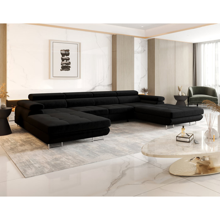 Ayden - Canapé panoramique en U 7 places convertible avec coffre et têtières réglables en tissu - Noir