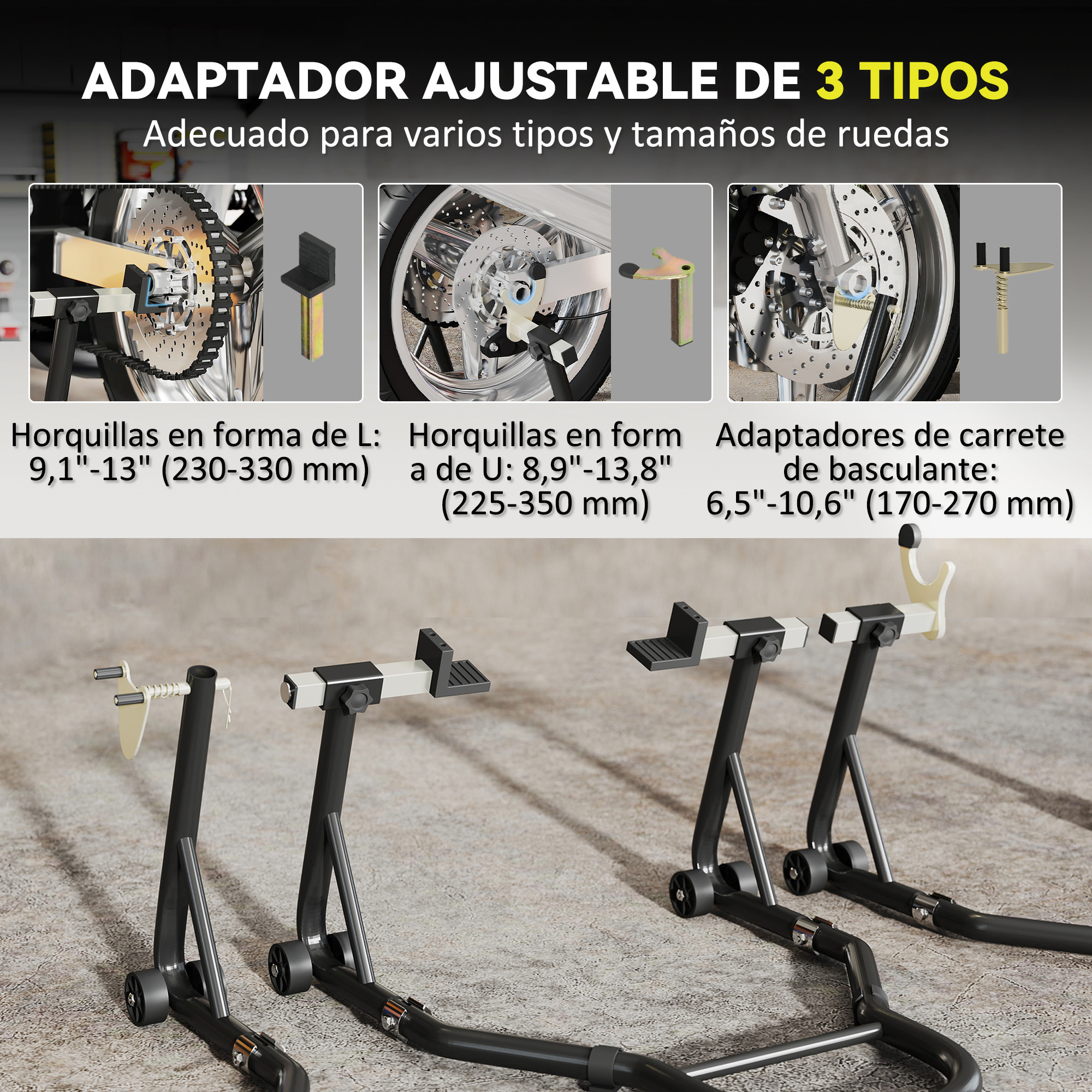 Caballete de Moto, Carga 390 kg, Soporte Delantero y Trasero Universal, Elevador de Moto de Acero con Horquillas Ajustables en U+L, Ruedas y Clips de Sujeción, Negro