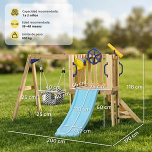 Columpio y Tobogán Infantil Exterior, Parque Infantil Exterior de Madera con Columpio, Tobogán, Volante, Telescopio, para Niños de 18-48 Meses, para Patio, Césped, Natural