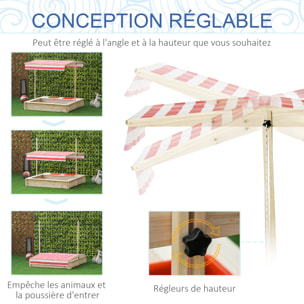 Bac à sable bois carré dim. 1,18L x 1,18l x 1,18H m - hauteur, inclinaison toit réglables, refermable - 2 bacs - bois sapin autoclave