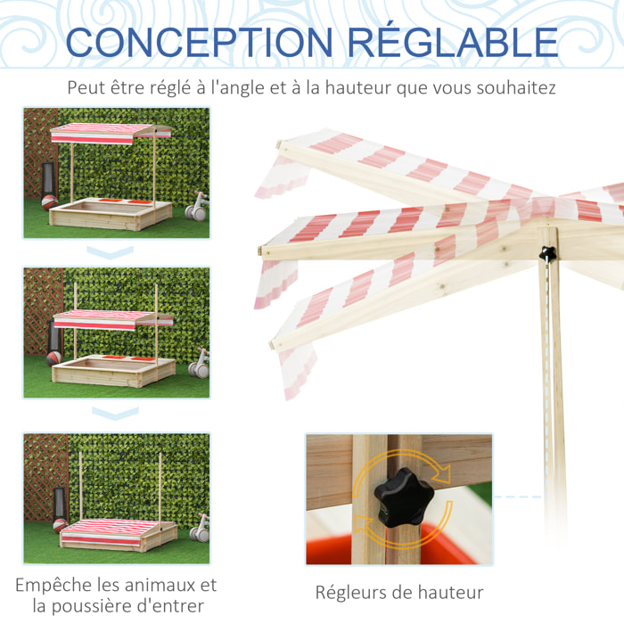Bac à sable bois carré dim. 1,18L x 1,18l x 1,18H m - hauteur, inclinaison toit réglables, refermable - 2 bacs - bois sapin autoclave