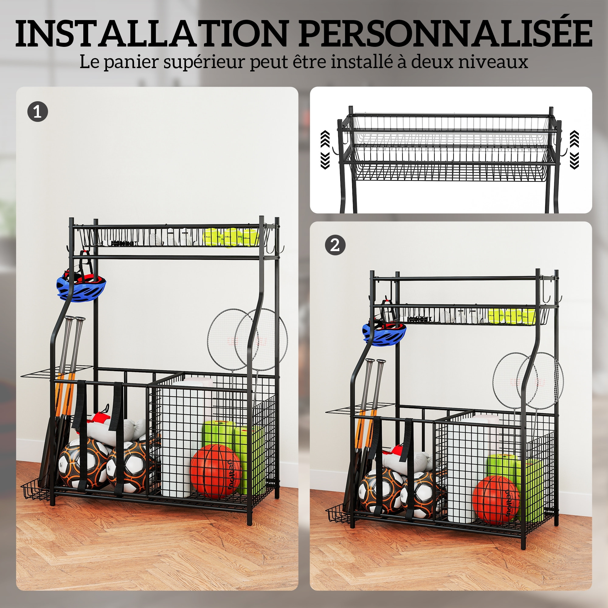 Rangement pour équipements sportifs - support de rangement pour ballon - multi-rangement - métal noir