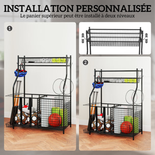 Rangement pour équipements sportifs - support de rangement pour ballon - multi-rangement - métal noir