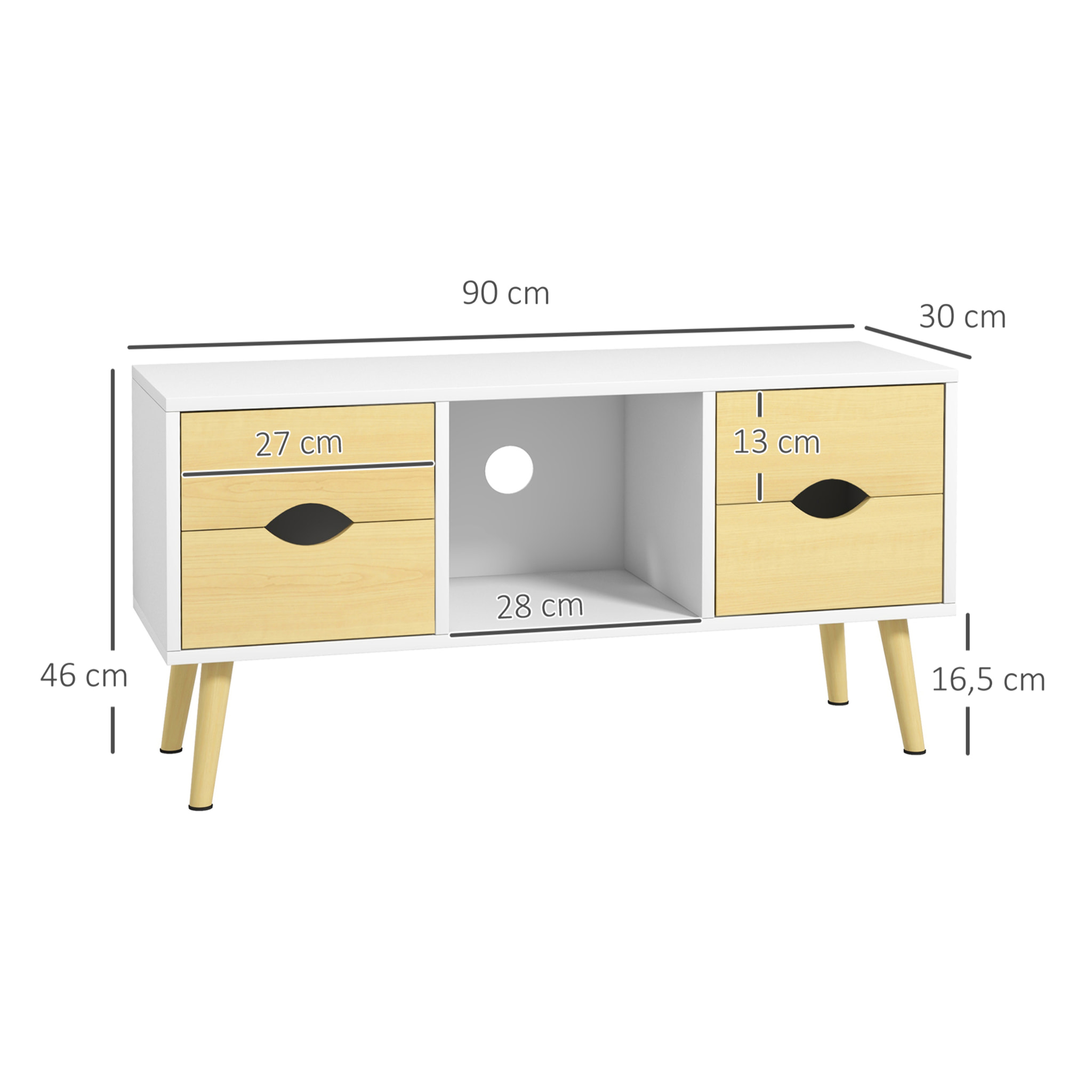 Meuble TV style scandinave 4 tiroirs coulissants niche passe-fils piètement bois pin blanc aspect bois clair