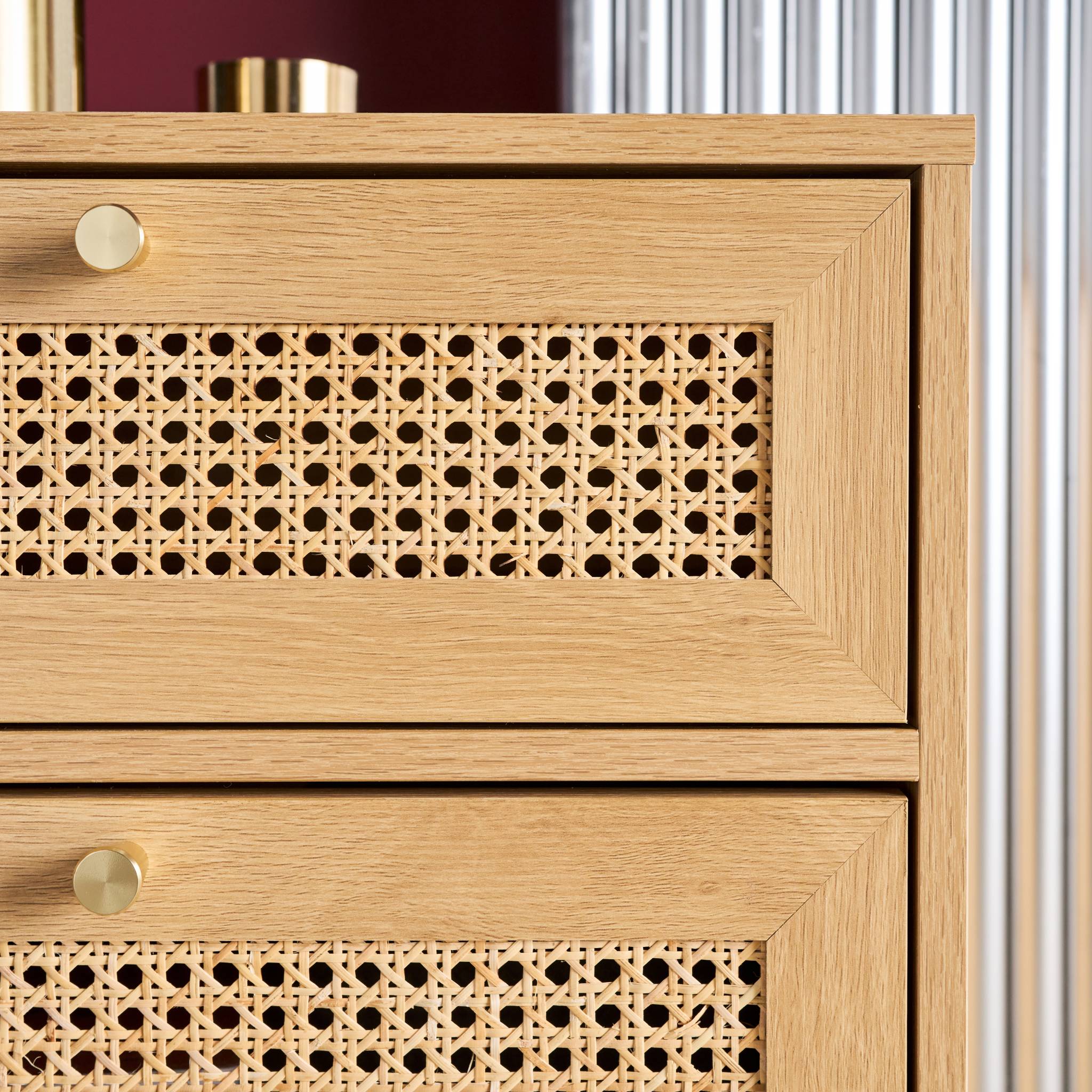 Commode chiffonnier décor bois et cannage 4 tiroirs teinte naturelle - 50 x 40 x 96 cm - Judith