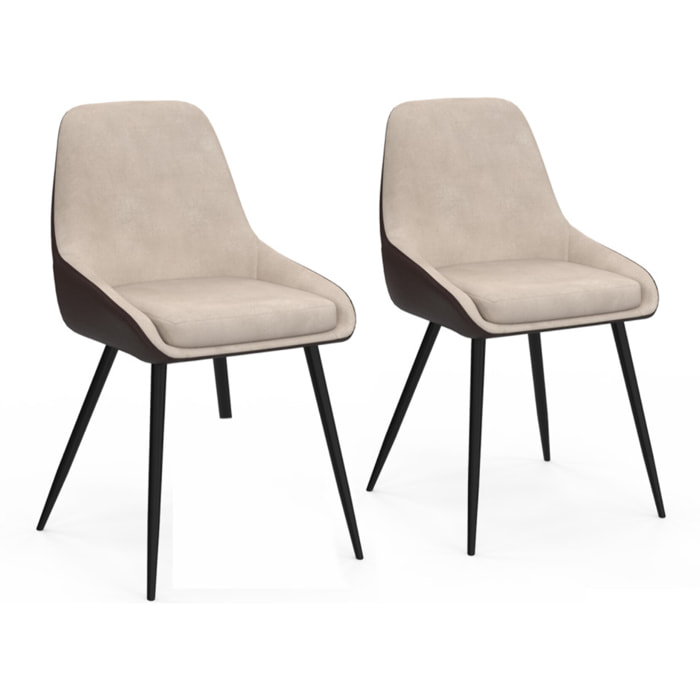 Chaises Ornella bi-matière taupe et marron pieds métal noirs - lot de 2