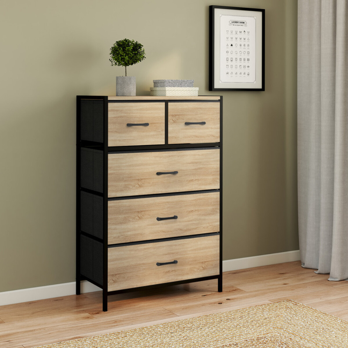 Commode Iris 5 tiroirs en bois et tissu