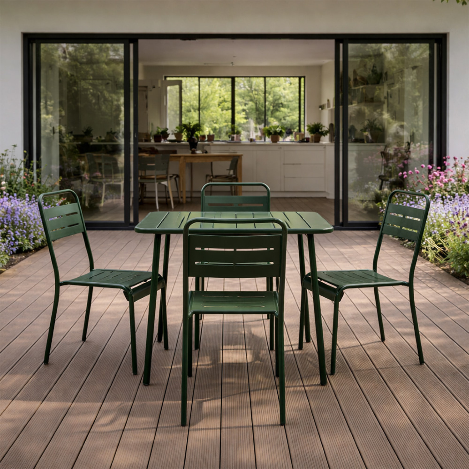 Ensemble table de jardin carrée 70cm et 4 chaises vert EVORA