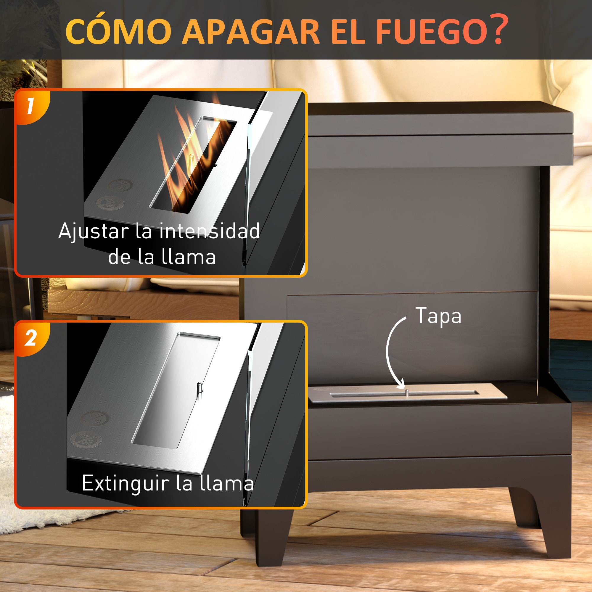 Chimenea de Bioetanol Estufa de Bioetanol de Pie con Tanque de 0,9 L Apagallamas de Acero Inoxidable Tiempo de Combustión 3,3H para Interiores 15-20 m² 38x22x54 cm Negro