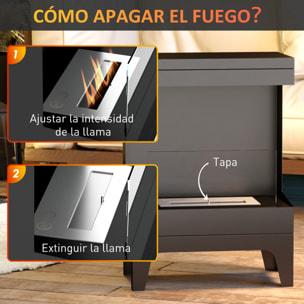 Chimenea de Bioetanol Estufa de Bioetanol de Pie con Tanque de 0,9 L Apagallamas de Acero Inoxidable Tiempo de Combustión 3,3H para Interiores 15-20 m² 38x22x54 cm Negro