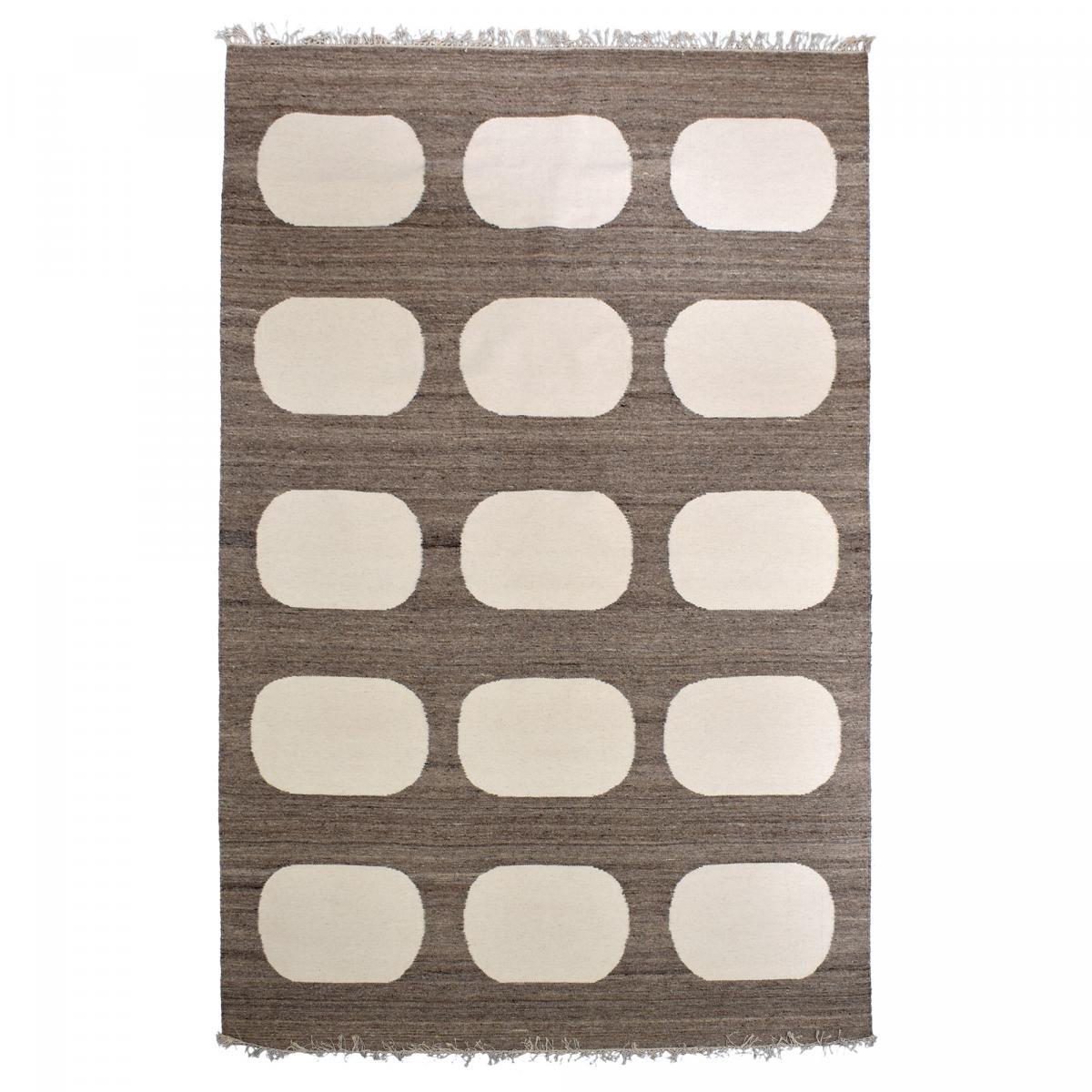 Tapis kilim Reversible Meco tissé à la main en laine beige et marron Motif simple
