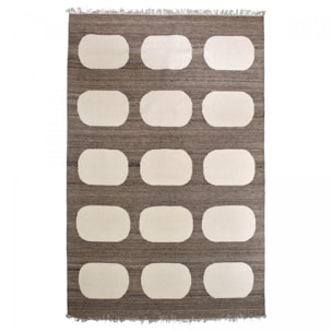 Tapis kilim Reversible Meco tissé à la main en laine beige et marron Motif simple