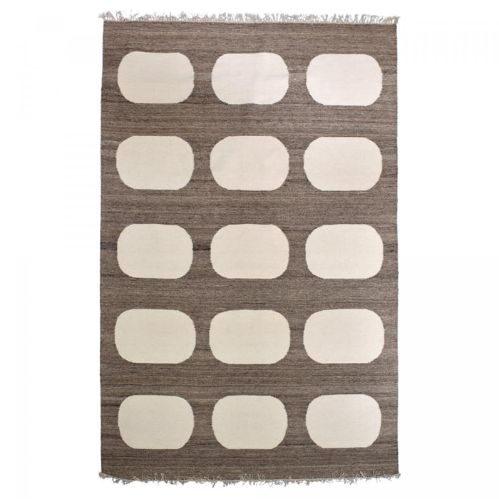 Tapis kilim Reversible Meco tissé à la main en laine beige et marron Motif simple