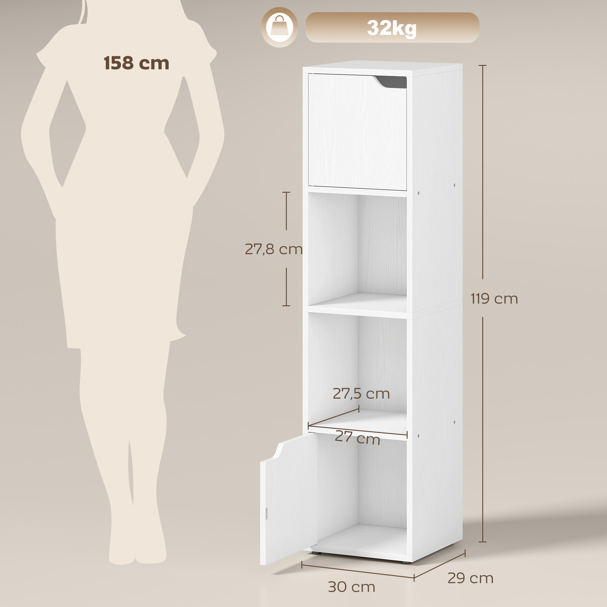 Estantería para Libros con 2 Puertas, Librería Estrecha de 4 Niveles con 2 Estantes Abiertos, Armario Alto para Salón, Estudio, Oficina, 30x29x119 cm, Blanco