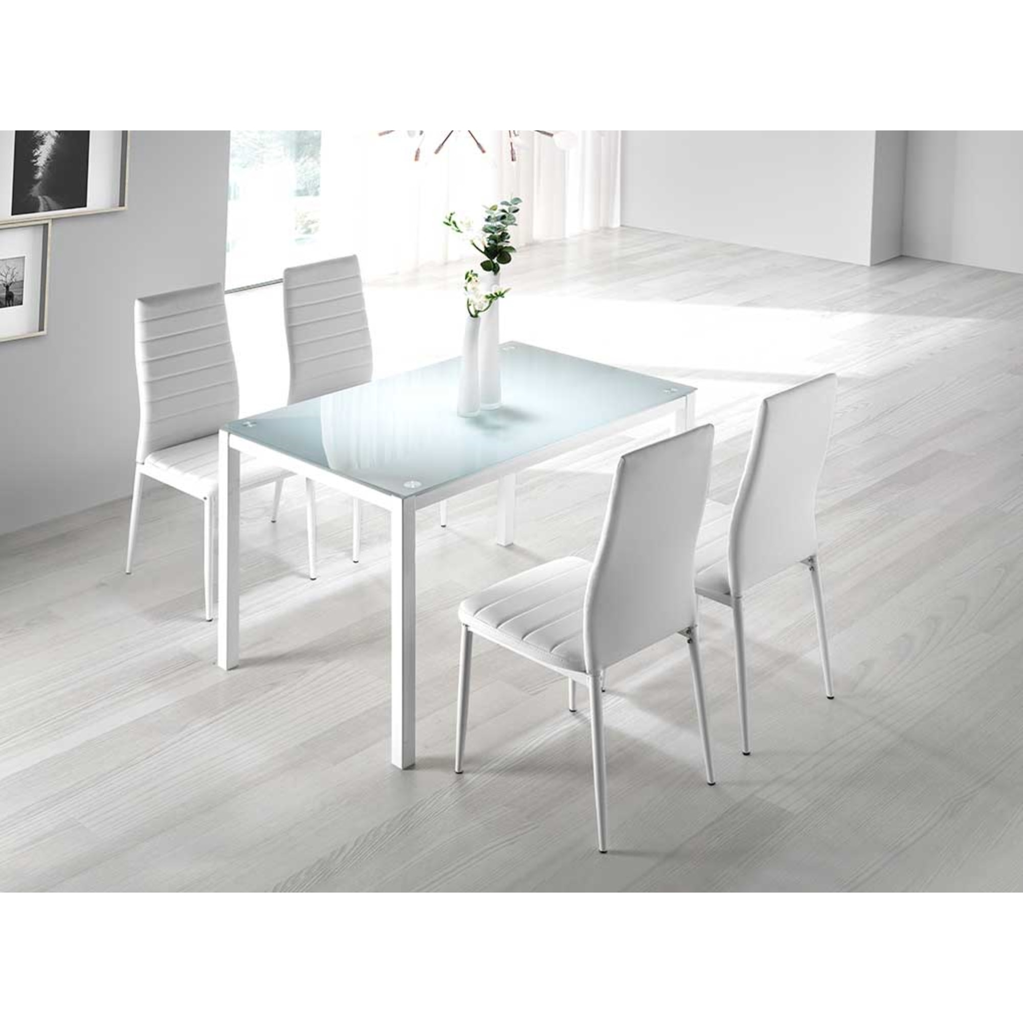 Mesa fija – Cristal y metal blanco