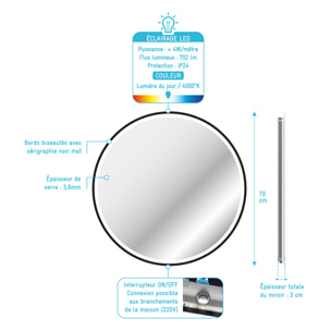 Miroir salle de bain ROND avec éclairage LED et contour noir - Diam 70cm