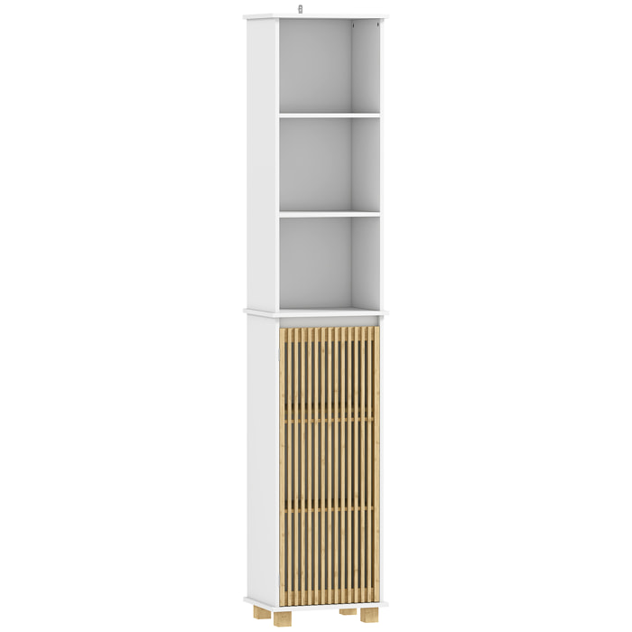 Colonne salle de bain H.173 cm - porte à lattes verticales, étagère, 3 niches - piètement bambou blanc