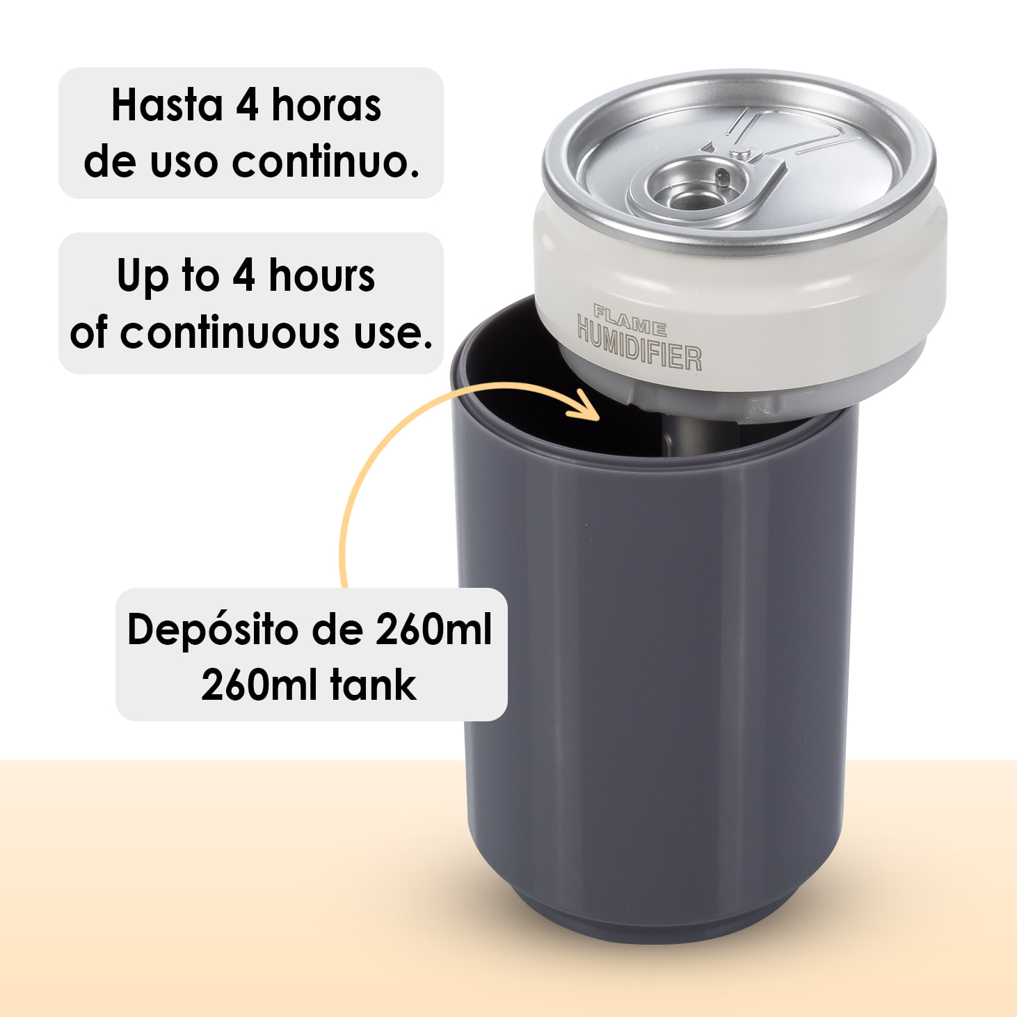 Umidificatore multifunzione da 260 ml, forma di lattina di soda. Funzione sterilizzazione, compatibile con idroalcol.
