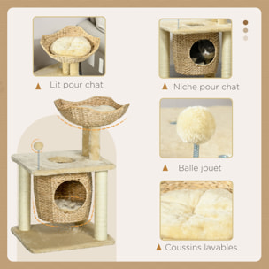 Arbre à chat style cosy chic griffoirs boule ressort niche panier 2 coussins inclus quenouille sisal naturel peluche beige