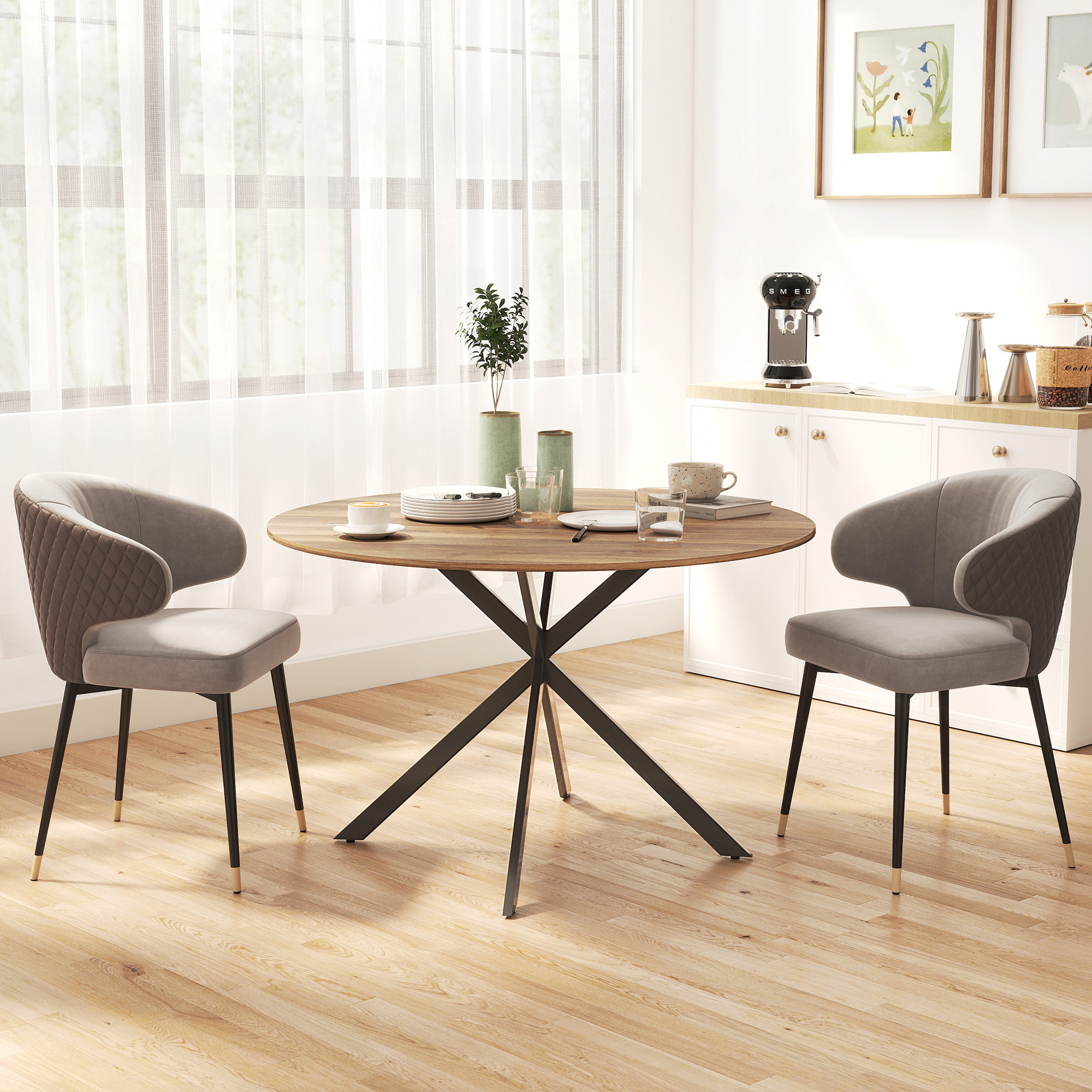 Table ronde bois 4 personnes dia. 120 cm style industriel piètement croisé acier noir noyer