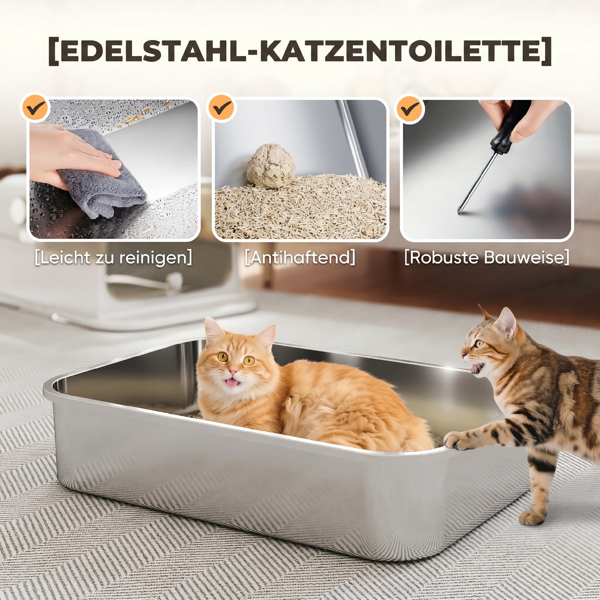 Arenero para Gatos de Acero Inoxidable XXL, Caja de Arena para Gatos Grandes, Arenero con Tapa Abatible, Laterales Altos, Entrada Superior, Pala, sin Olores, Fácil de Limpiar, Antifugas, Blanco