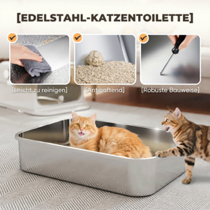 Arenero para Gatos de Acero Inoxidable XXL, Caja de Arena para Gatos Grandes, Arenero con Tapa Abatible, Laterales Altos, Entrada Superior, Pala, sin Olores, Fácil de Limpiar, Antifugas, Blanco