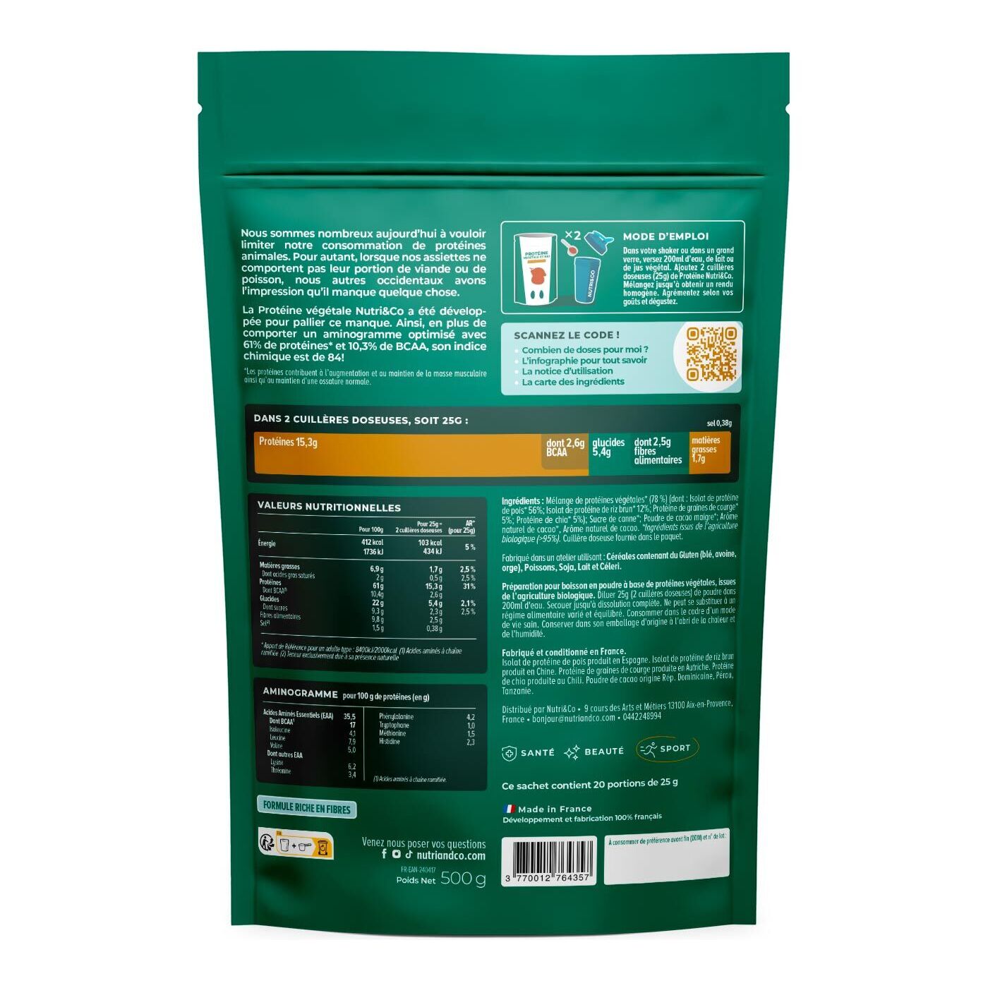 Nutri&Co Protéine Vegétale & Bio - 4 Sources : Pois, Riz, Chia et Courge - 500g goût Cacao