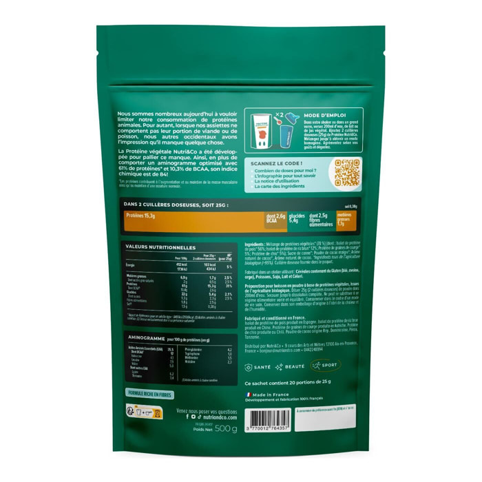 Nutri&Co Protéine Vegétale & Bio - 4 Sources : Pois, Riz, Chia et Courge - 500g goût Cacao