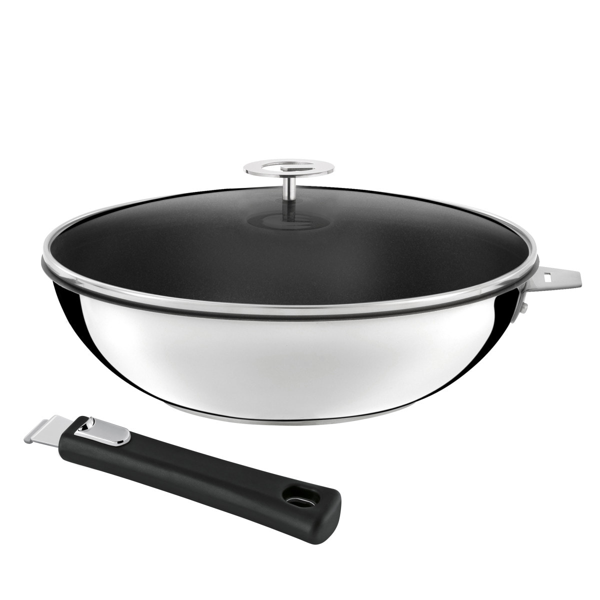 Malice - Wok antiadherente Ø 28 cm con tapa y mango extraíble negro