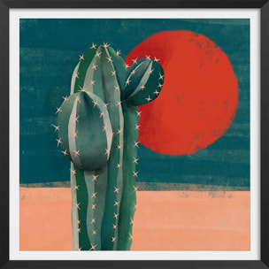 Affiche illustration cactus et soleil rouge Affiche + cadre en bois - Noir