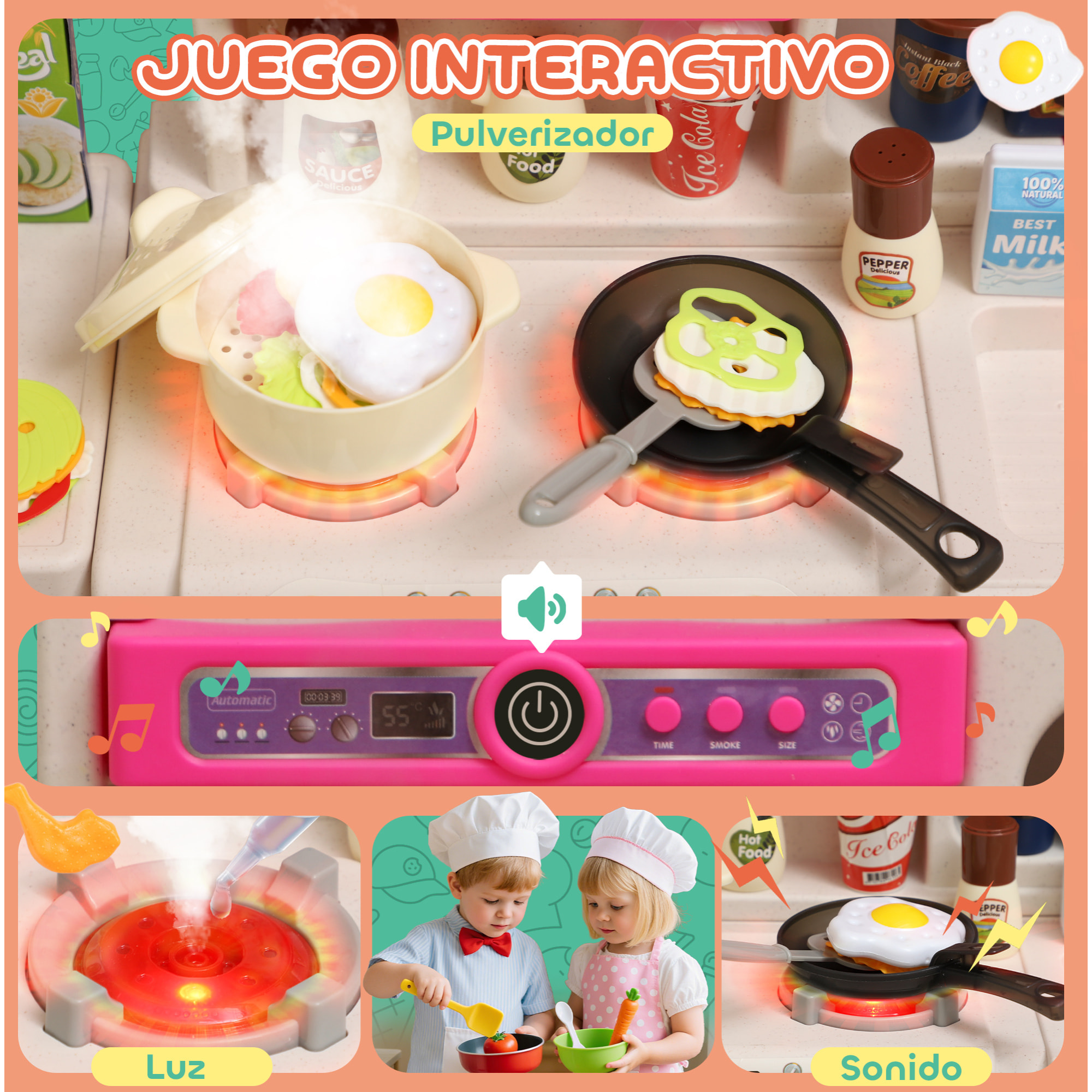 Cocina de Juguete con Luces y Sonido, Cocinita Infantil con Accesorios, Fregadero, Ollas, Utensilios y Alimentos Falsos, Juguetes para Niños a Partir de 3 Años, 52,5x22x100 cm, Rosa