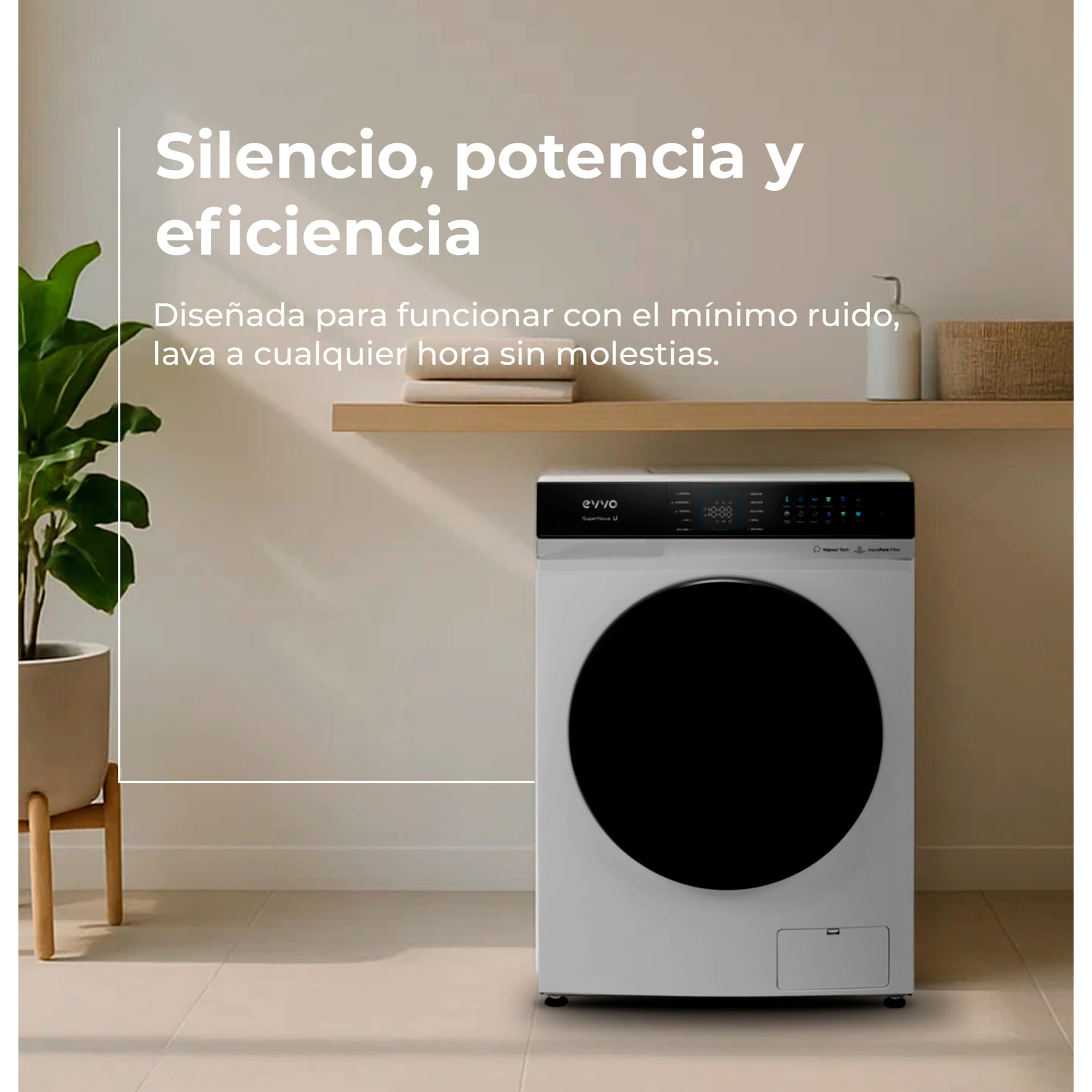EVVO Lavadora 12 kg Supernova U12, 1350 rpm, Clase A, Motor Inverter, 14 programas, Vapor Steam Wash, Smart LOAD, lavado rápido, blanco