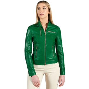 Giacca biker in pelle naturale verde effetto liscio